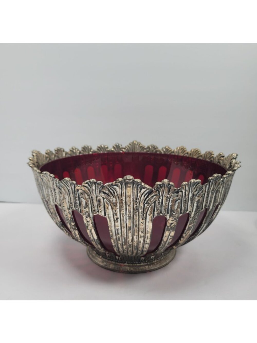 Vintage Silver Plated Godinger Ruby Red Glass Console Bowl with Utensils Set - Picture 4 of 12